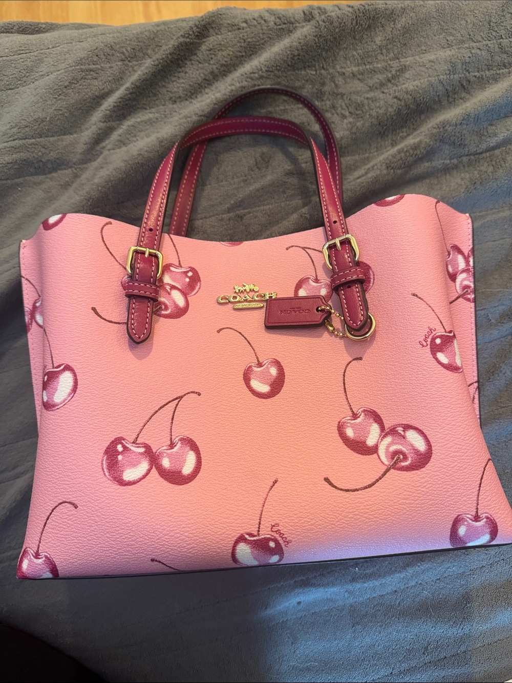Coach Pink Cherry Print Leather Tote with Dark Pink Handles